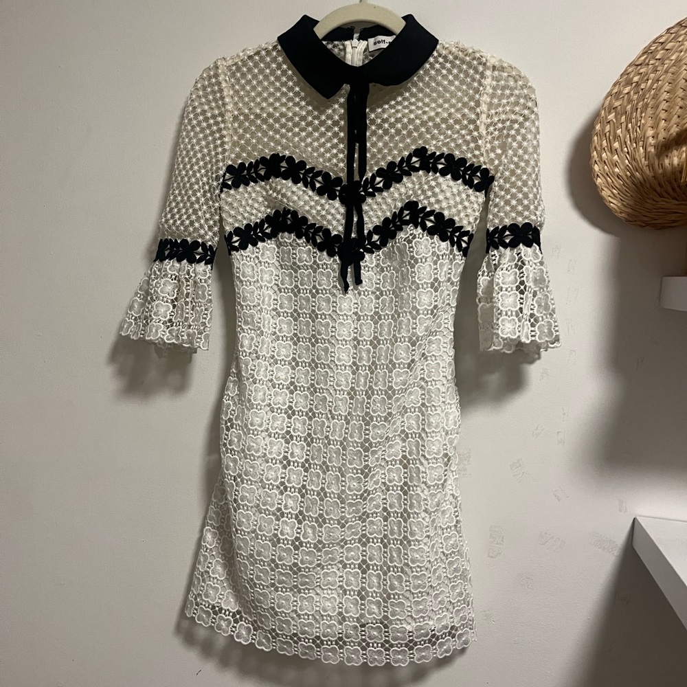 SELF-PORTRAIT Tie Collar Mini Dress in Petal Guipere Lace
